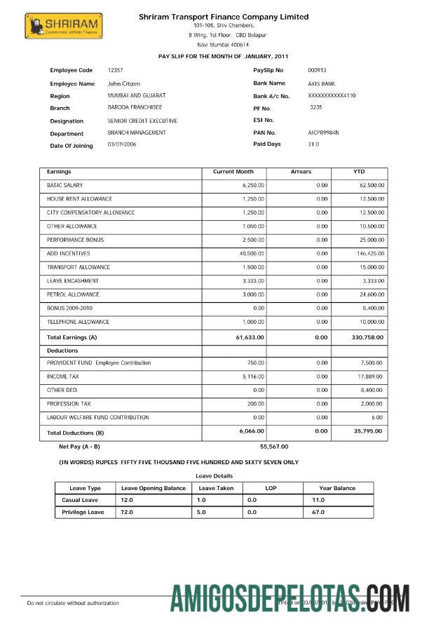 ÍNDIA SHRIRAM Transport Finance Company Limited comprovante de pagamento em formatos Word e PDF exemplo real